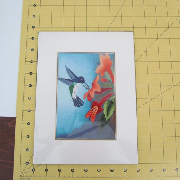 Embroidered Blue head Hummingbird eating Nectar from Orange Flowers Wall Art - Picture 5 of 5